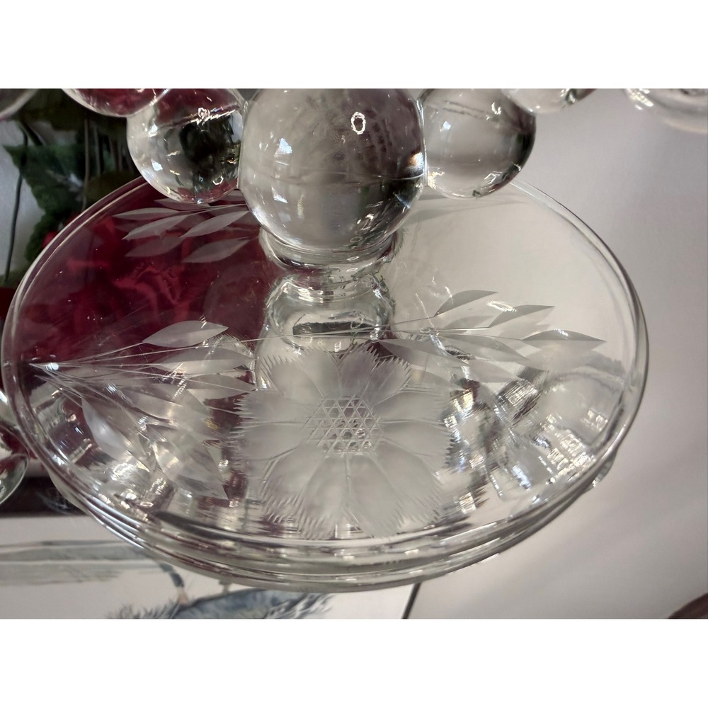Vintage Etched Cornflower Crystal Bubble Loop Candle Holders Likely W.J. Hughes - Picture 4 of 8